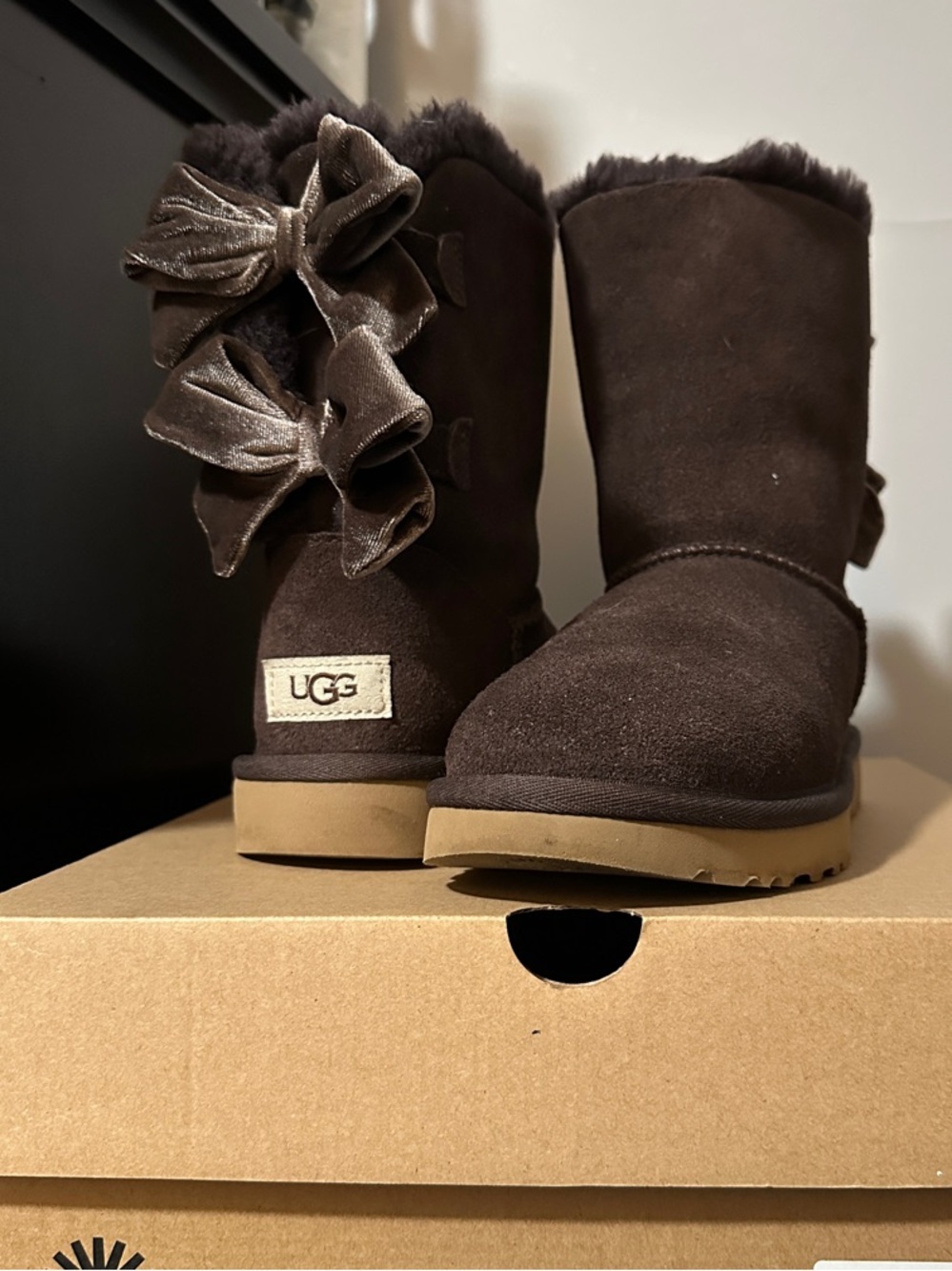 UGG Women’s Chocolate Brown Suede Bow-Trim Winter Boots
